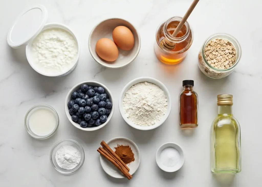 Ingredients for blueberry cottage cheese muffins arranged on counter